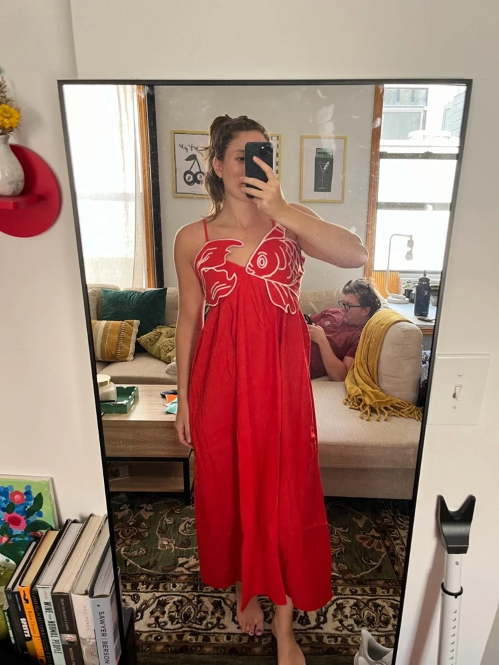 Red Embroidered Fish-Detail Women’s Dress - Picture 4 of 6